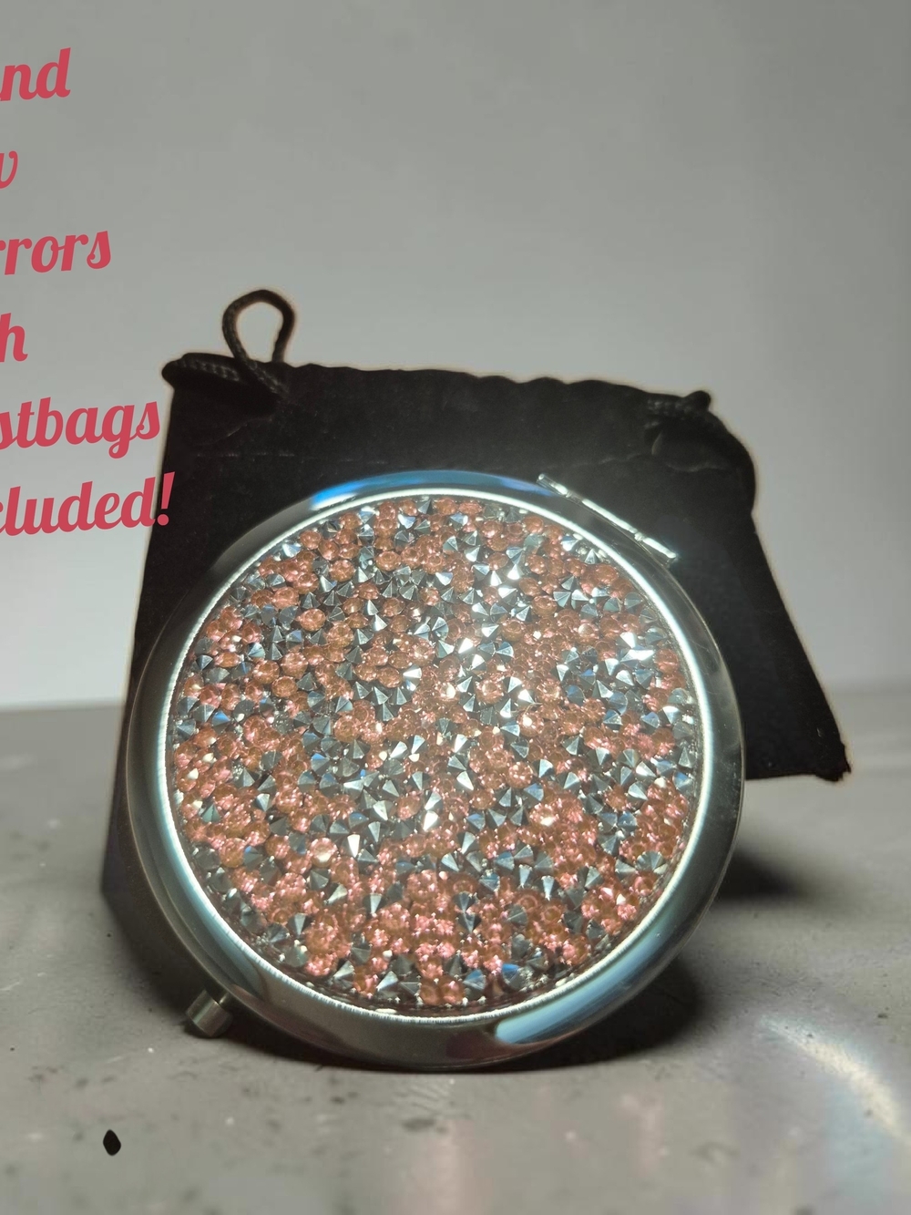 Compact Round Folding Rhinstone Hand Mirrors- Magnifying NWT Includes Velvet Bag